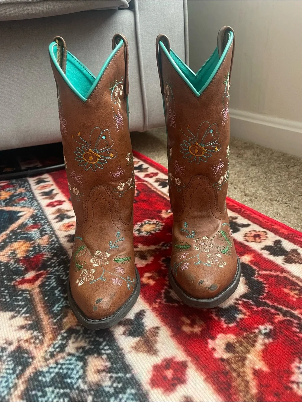 Shyanne Brown Embroidered Western Boots with Turquoise Lining